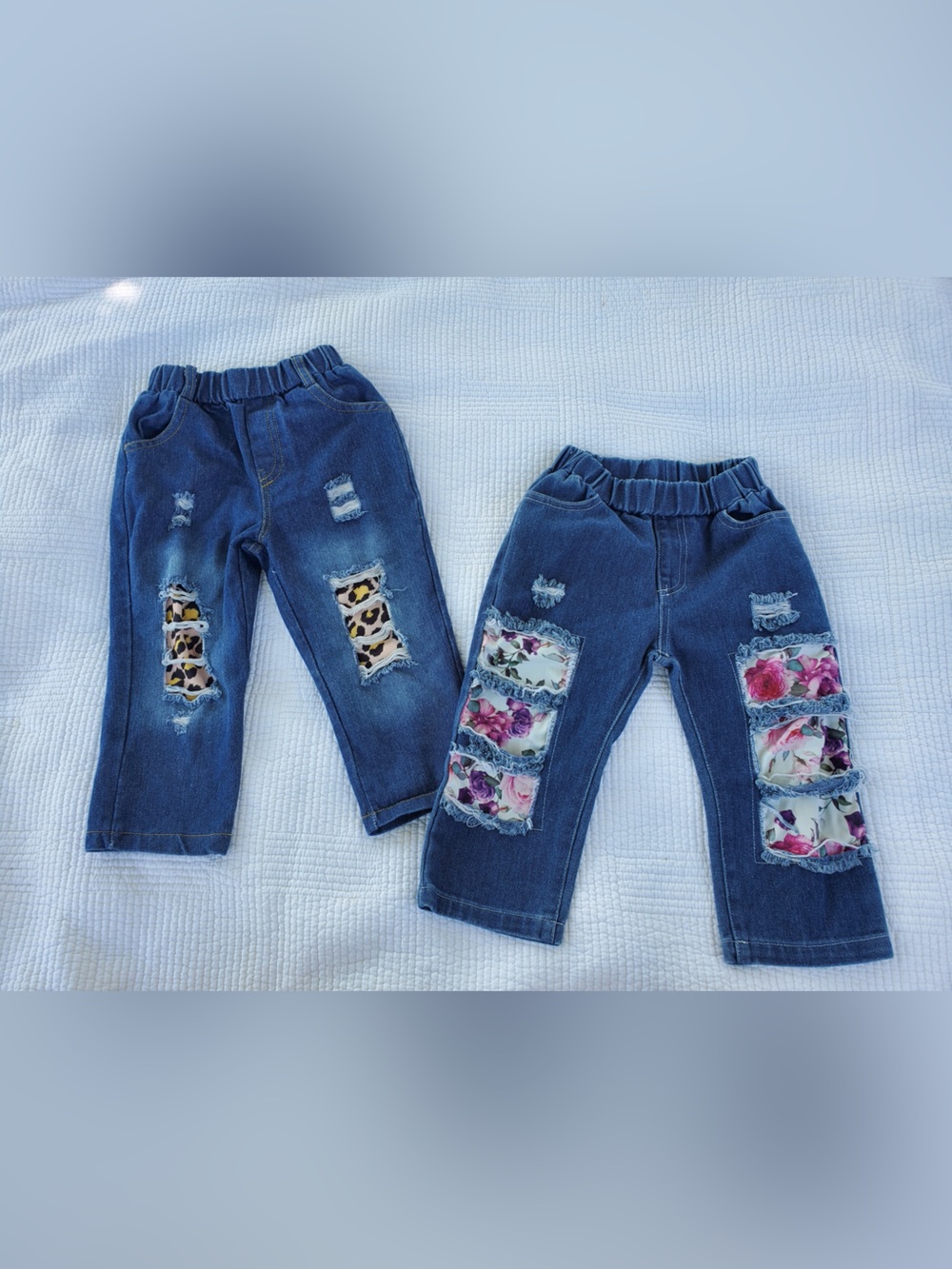 Girls' Dark Blue Denim Patch Stretch Jeans with Floral & Leopard Accents